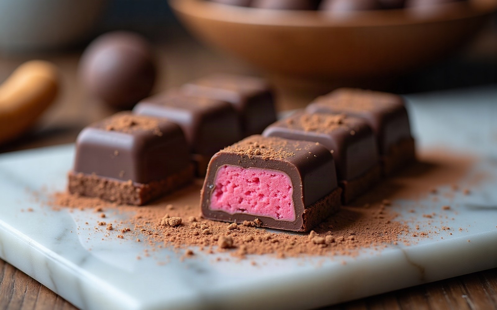 Chocolate truffles on a linen surface strewn with pink and white flowers and sprinkles